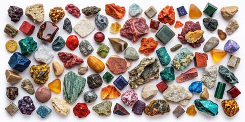 Fototapeta premium Aerial perspective of 24 rocky fragments layered in double exposure, featuring organic textures and patterns against a clean white background for artistic and educational inspiration.