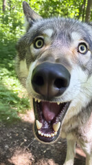 Obraz premium Close-Up of a Hungry Gray Wolf with Open Mouth