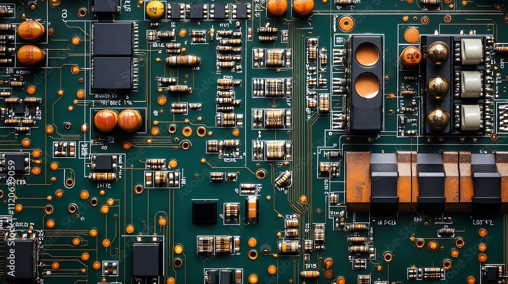 Aufkleber detailed closeup of an electronic circuit board with various components and green background : gener