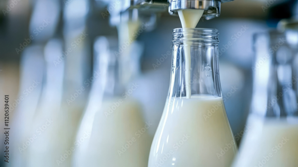 Poster automated dairy production: milk bottling process in factory