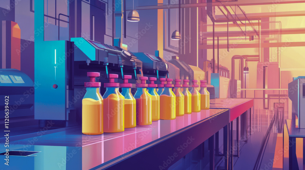 Poster futuristic beverage bottling factory with advanced machinery and automation