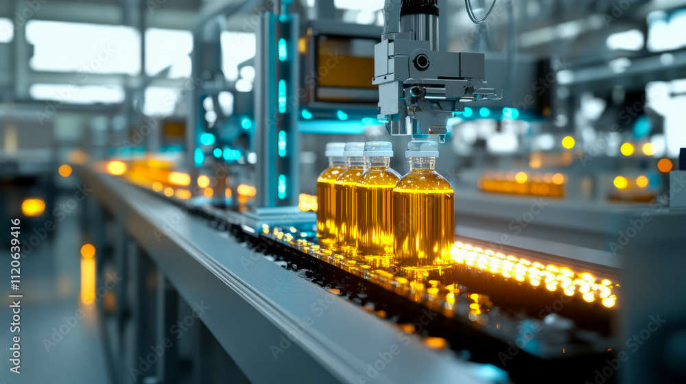Poster automated production line with bottles of liquid on conveyor in modern factory