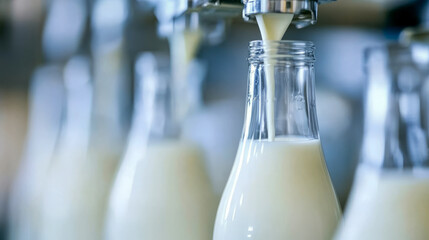 Automated dairy production: milk bottling process in factory