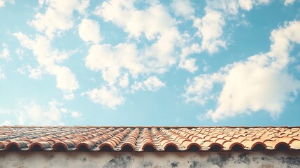 Terracotta Roof Against a Bright Blue Sky with Fluffy White Clouds : Generative AI