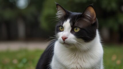 Tuxedo cat sitting in grass, looking away.