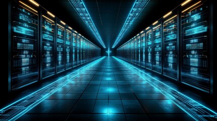 Futuristic open office with neon cyberpunk lighting and technology overlays representing modern corporate strategies in finance, marketing, and operational efficiency