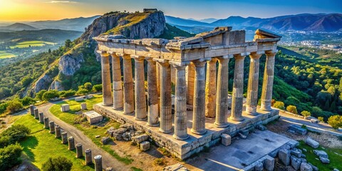 Obraz premium Aerial view revealing ancient Greek architecture with grand columns and remarkable ruins, set against a stunning landscape of vibrant greenery and clear blue skies.