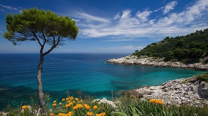Pristine Mediterranean Coastline With Clear Blue Waters and Cliffside Views : Generative AI