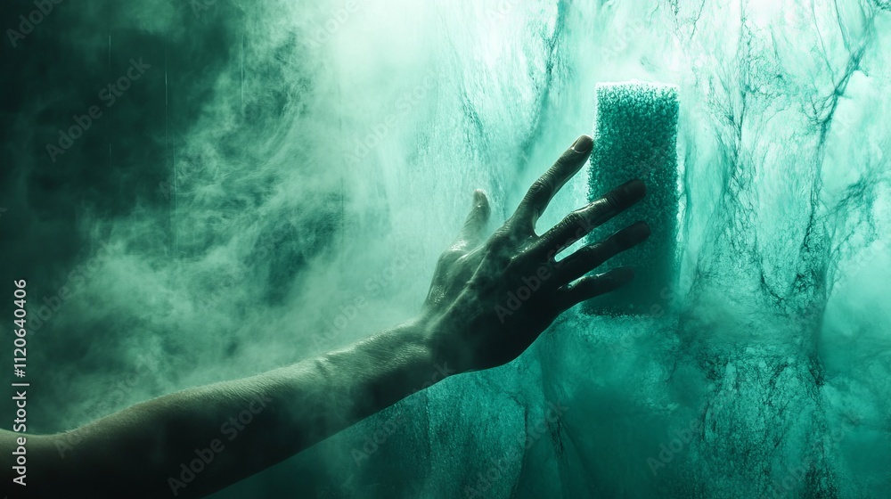 Canvas Prints Close-up of a hand reaching out to use a sponge against a misty, textured background