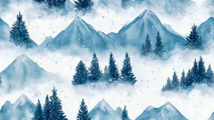 Winter landscape with snowy mountains and pine trees in blue tones
