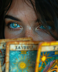 Vertical close up female portrait. Tanned white brunette woman with blue eyes, black hair and mystical metaphysical tarot cards looks at camera. Fate. Magic fortune telling. Gypsy  girl