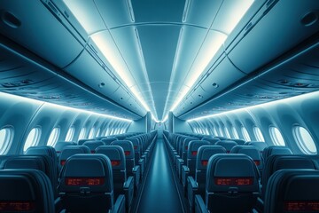 Fototapeta premium Interior View of Economy Class in Airbus A380-800 Comfortable Airplane Cabin