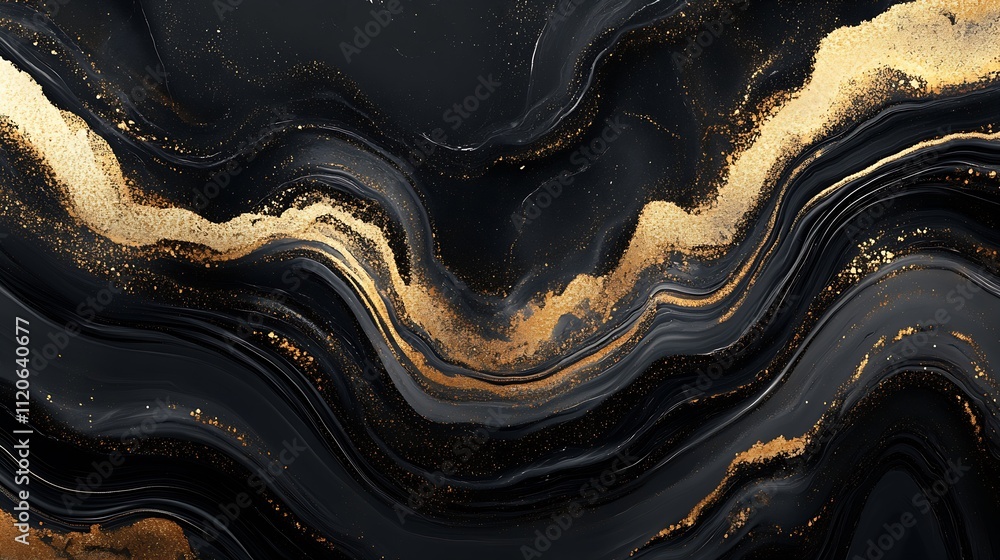 Poster Elegant Golden and Black Abstract Painting with Fluid Dynamic Swirls : Generative AI