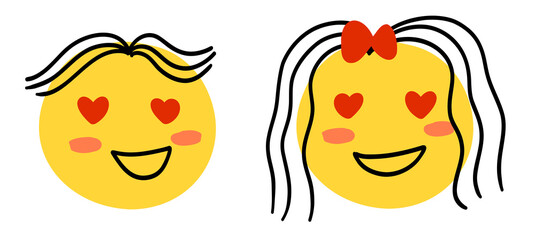 Set cute Cute happy couple valentines doodle love heart eyes hair smiley emoji emoticon smile yellow png transparent digital planner sticker cut out clipart