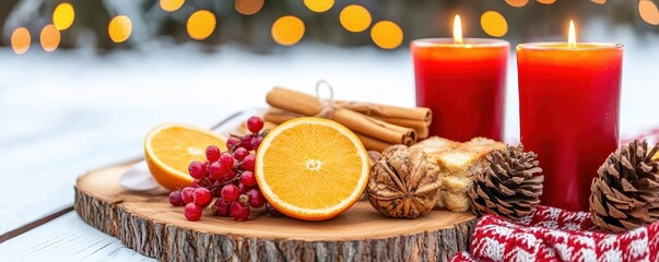 Festive Winter Table Arrangement with Candles, Citrus, and Holiday Decorations for Cozy Atmosphere