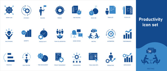Productivity icon set, career, achievement, focus, project, office, tracking, automation, balance, optimize, results, mindset, development, skills, goals, workflow, clock, plan, system and more