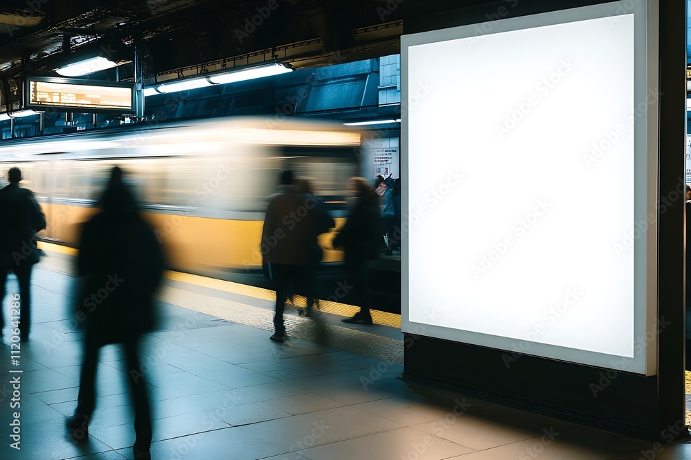 Poster Crowded subway platform with fast moving train and blank advertising board : Generative AI