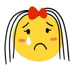 Cute sad cry dissapointed girl face red bow head teardrop doodle smiley emoji emoticon smile yellow png transparent digital planner sticker cut out clipart
