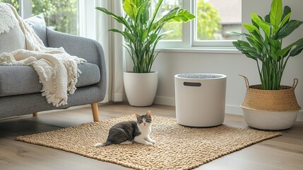 A minimalistic interior featuring a cat resting on a woven rug, with plants and a bait station visible in a bright room