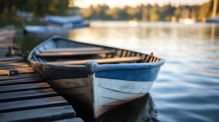 Obraz premium Classic Blue Wooden Rowboat Moored by Tranquil Lake under Golden Light : Generative AI