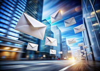 Airborne mail represented by white envelopes emphasizes corporate branding and marketing strategies. Professional communication, macro photography, and direct mail enhance financial services in today’