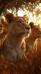 Naklejka premium Pride of Lions Basking in Golden-Hour Sunlight on the Savanna