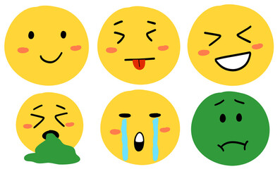 set of smileys emoji emoticons character happy cheerful sad cry vomit wink eyes yellow png transparent digital planner sticker cutout clipart
