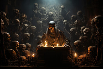 a scene filled with darkness and mysticism. In the center sits a corpse-like figure with long hair and ancient clothes covered with cobwebs and dust 