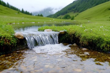 A serene shot of rainwater flowing down a lush green hillside into a clear stream, illustrating the water cycle