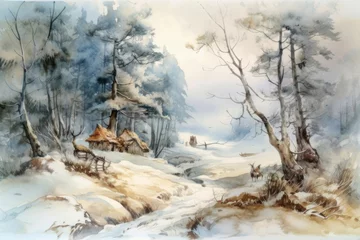  winter landscape in the forest. Tall trees covered with frost and snow are visible. In the foreground is a small village with thatched roofs.   © Evdoha