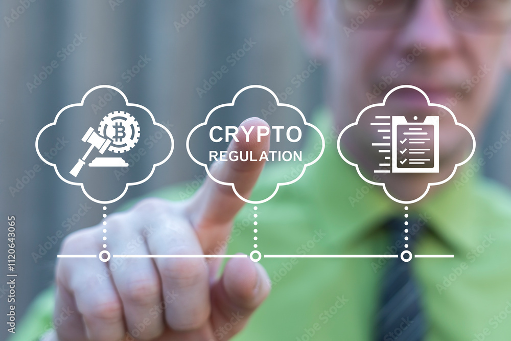 Poster trader using virtual touch screen presses inscription: crypto regulation. concept of bitcoin crypto 