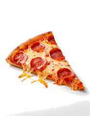 Delicious Melted Cheese Pepperoni Pizza Slice Isolated on White Background