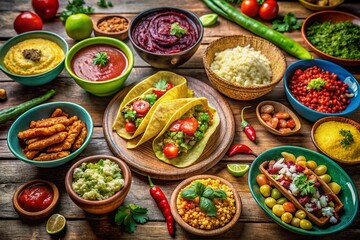 Fototapeta premium A lively Mexican spread featuring tacos, enchiladas, guacamole, and other traditional dishes, perfect for culinary inspiration and celebrating vibrant flavors and colors.