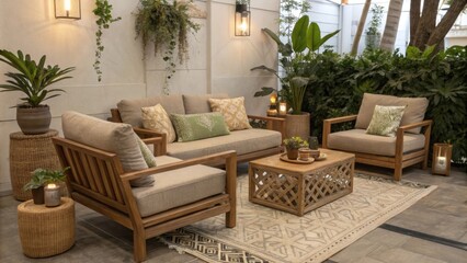 Cozy seating arrangements designed with comfortable cushions and natural materials invite relaxation and conversation. The earthy colors of the upholstery blend seamlessly with the