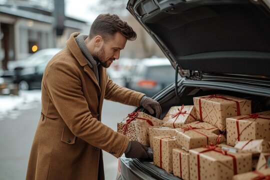 A man in a brown coat is placing wrapped gifts into the trunk of a car on a snowy street - Powered by Adobe