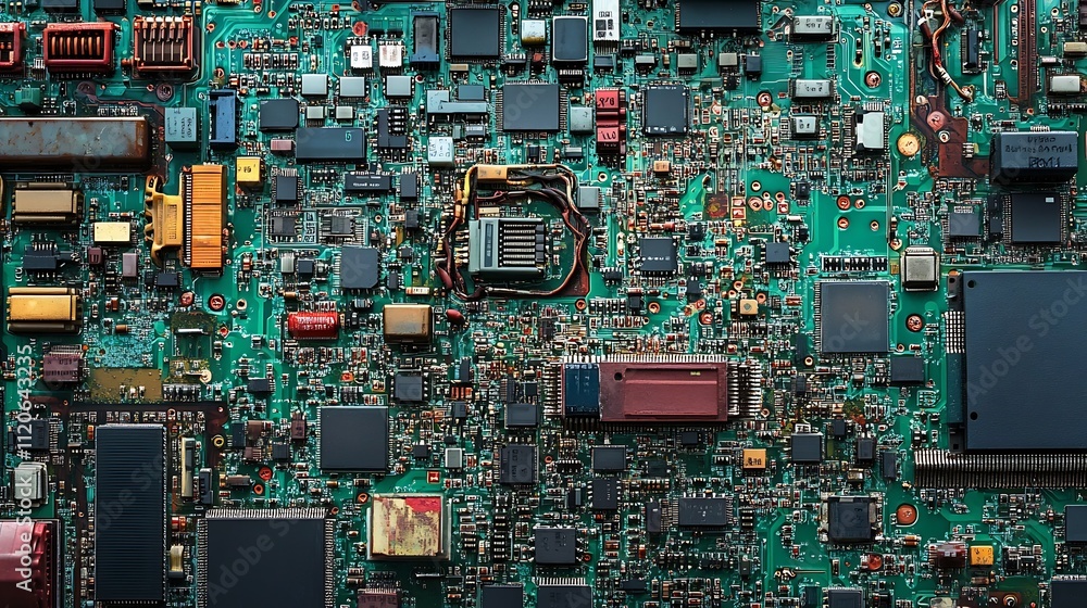 Poster Intricate Green Electronic Circuit Board with Diverse Technical Components : Generative AI