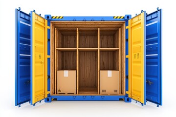 Colorful Storage Container Displaying Organized Wooden Interior with Cardboard Boxes