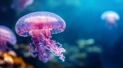 Majestic Purple Jellyfish with Translucent Tentacles in Ocean Depths : Generative AI