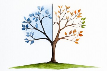 Fototapeta premium A soft watercolor painting of a tree in four stagesâ€”spring blossoms, summer leaves, autumn colors, and bare winter branches