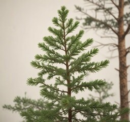 Obraz premium Evergreen pine tree with full branches and needle-like foliage against a warm white background, evergreen tree, branchy tree