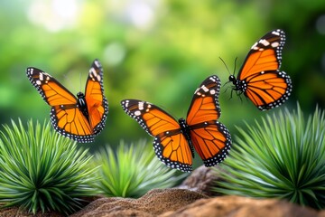 Naklejka premium A vibrant 3D illustration of the life cycle of a butterfly, showing each stage in vivid, lifelike detail and set in a lush green environment