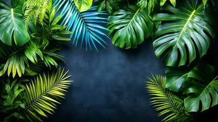 Futuristic background featuring green and blue neon lights highlighting tropical leaves arranged in layered compositions on a deep black background
