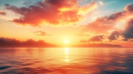 Obraz premium Vibrant Sunset Over Tranquil Ocean with Dramatic Clouds and Mountains : Generative AI