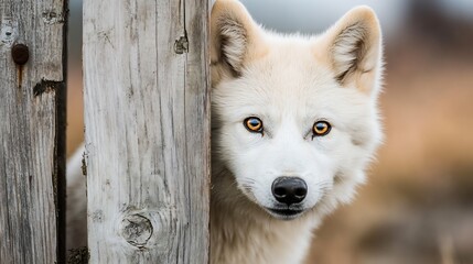 Obraz premium Charming White Husky Peeking from Behind Wooden Fence with Bright Eyes in Autumn : Generative AI