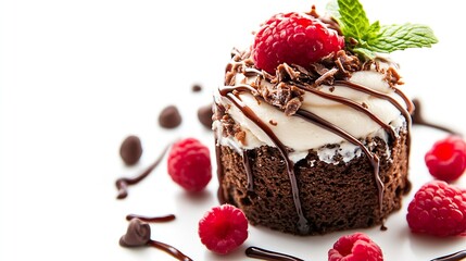 Elegant Chocolate Cake with Raspberry and Mint Decor : Generative AI