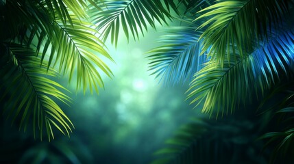 Green and blue neon light creating a striking tropical aesthetic with bold highlights and intricate leaf patterns on a black surface