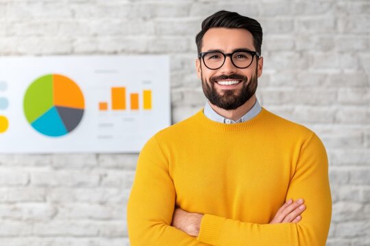 A vibrant photo of a creative director presenting a design pitch to clients, with colorful visuals projected on a screen