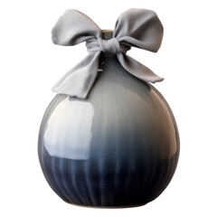 a wide, rounded ceramic sake bottle with a gradient gray glaze and a hand-tied fabric cover over the neck, isolated on transparent background png