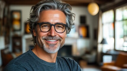 Fototapeta premium Close-up of a senior businessman consultant with a confident and friendly smile standing in a stylish modern office environment filled with natural light