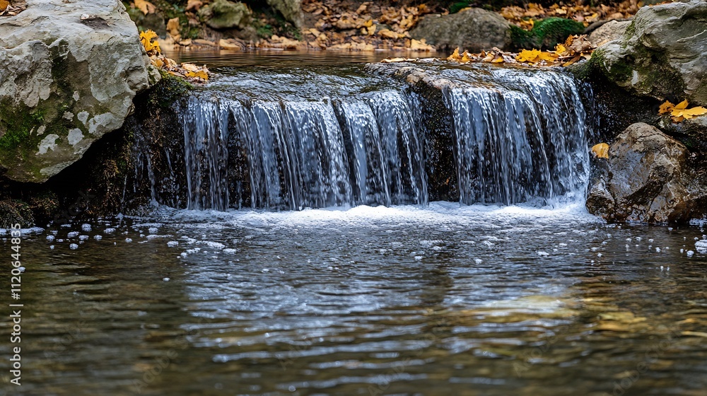 Poster natural small waterfall cascading over rocky stream in autumn forest setting : generative ai